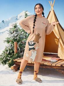 We Bare Bears X SHEIN Plus Cartoon Graphic Drop Shoulder Nightdress - Rust Brown - View 3