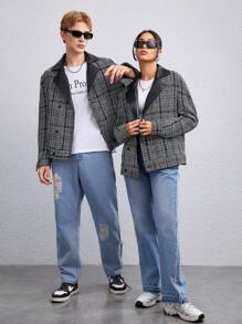 Manfinity VCAY 1pc Plaid Print Lapel Neck Overcoat, For Fall Winter - Black - View 5