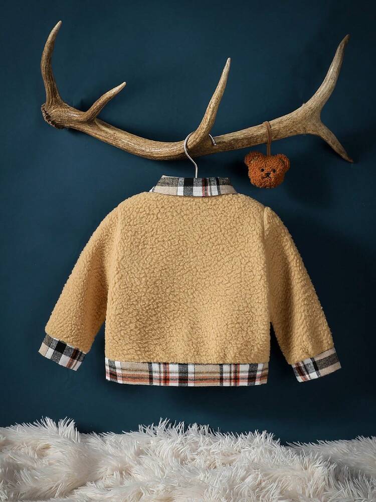 Girls Baby Plaid Panel Teddy Jacket