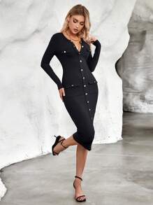 SHEIN Privé 女款純色系扣 V 領長袖正裝連身裙 - 黑色 - 查看 5