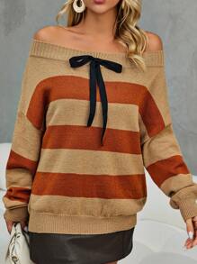 SHEIN LUNE Color Block Off Shoulder Knot Front Drop Shoulder Sweater
