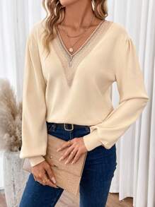 SHEIN Frenchy Bảng điều khiển ren Guipure Tay áo lồng đèn Áo len - Màu be - Xem 6