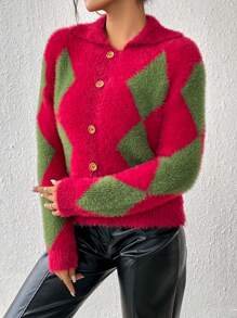SHEIN Essnce 菱形印花前紐扣絨毛針織套頭毛衣 - 彩色 - 查看 6