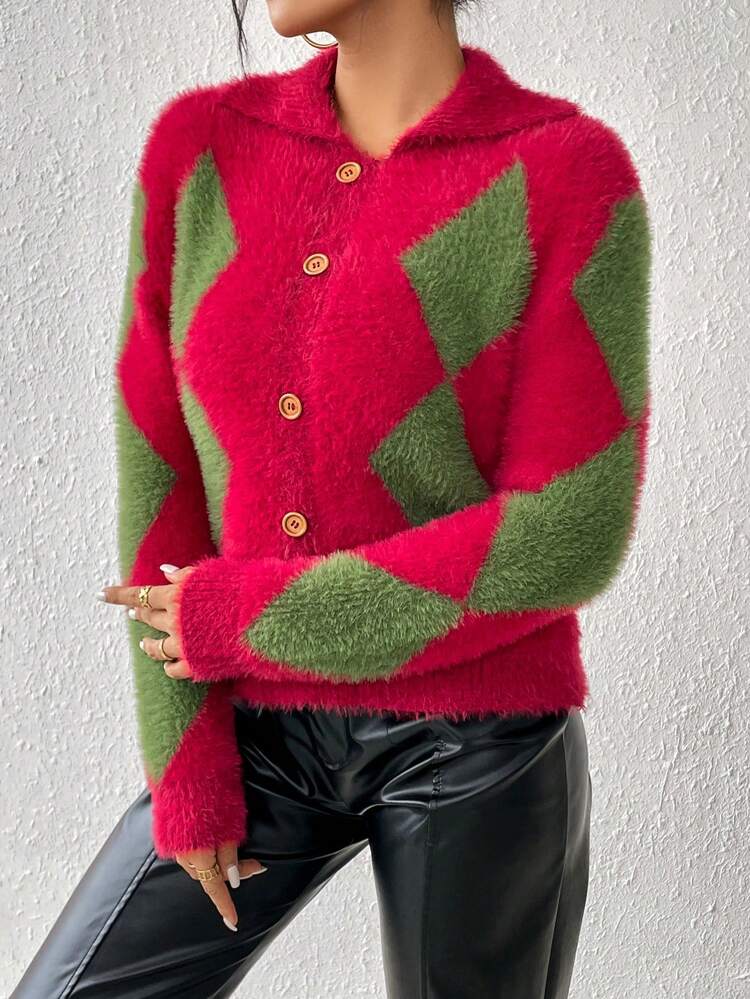 Argyle Pattern Button Front Fluffy Knit Sweater