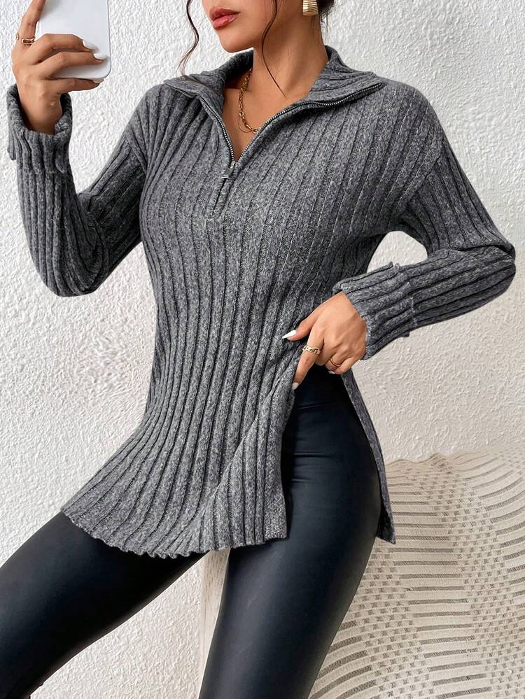 Half Zip Split Hem Drop Shoulder Sweater In Fall/Winter Black Casual