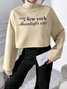 SHEIN Essnce Slogan Graphic High Neck Drop Shoulder Sweatshirt - Apricot - View 1