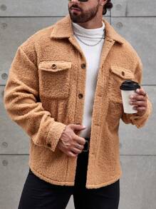 Manfinity Homme Loose Fit Men's Flap Pocket Drop Shoulder Teddy Coat - Khaki - View 5