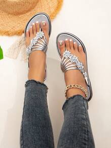 Dép Xỏ ngón Nữ Pha lê kim cương màu trơn Hấp dẫn - Bạc - Xem 2