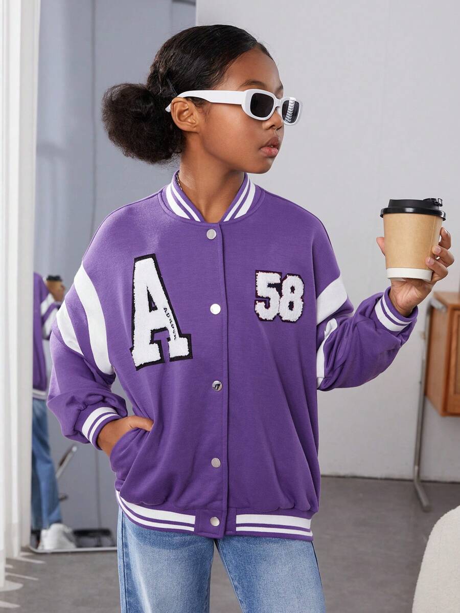 Tween Girl Letter Patched Striped Trim Drop Shoulder Varsity Jacket - Multicolor - View 1