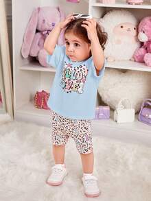 SHEIN Baby Girl Letter Graphic Drop Shoulder Tee & Leopard Print Shorts - Multicolor - View 5