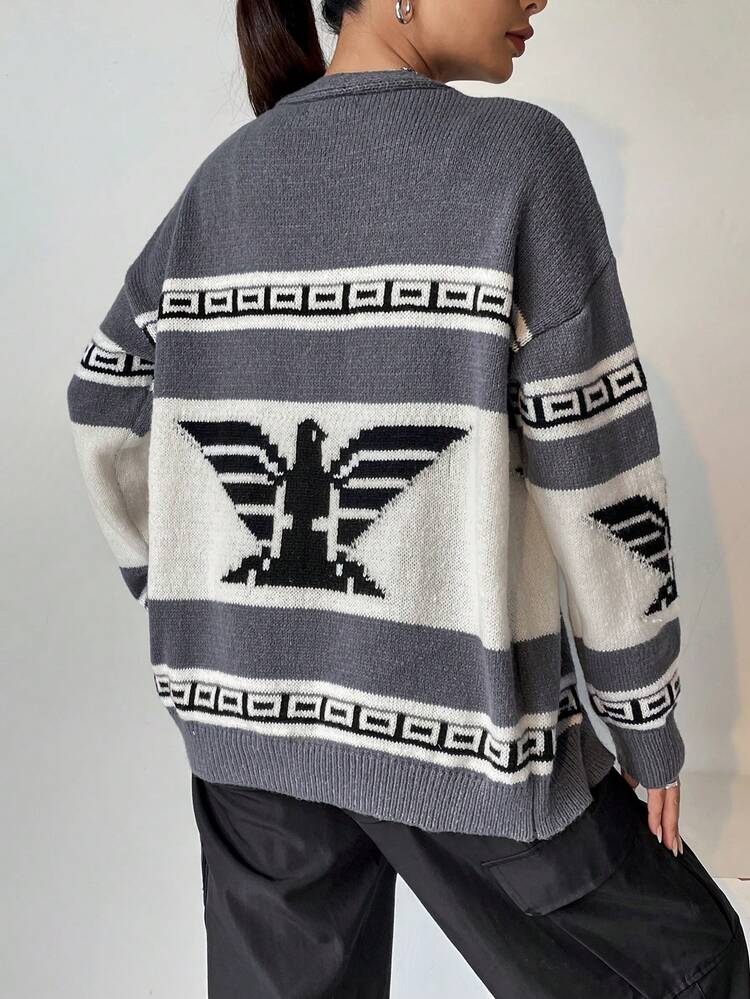 Letter Pattern Drop Shoulder Cardigan Fall Cloth For Women