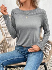 SHEIN Frenchy Solid Eyelet Embroidery Tee - Grey - View 4