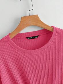 SHEIN EZwear Hơn Thả vai Nút viền Áo thun - Màu Hồng Tươi - Xem 3