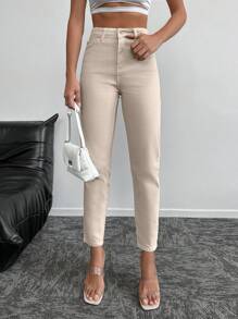 SHEIN Cottnline Zipper Fly Tapered Jeans - Beige - View 5