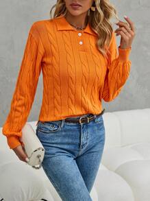 SHEIN Clasi Polo Neck Cable Knit Pullover Fall Winter Sweater - Orange - View 5