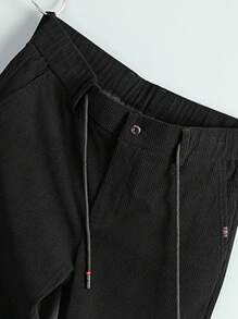 Men Drawstring Waist Straight Leg Pants - Black - View 5