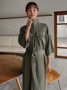 FRIFUL Váy sơ mi thắt lưng có túi thả vai - màu xanh lá - Xem 5