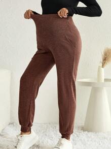 SHEIN 孕婦彈性腰帶斜口袋長褲 - 咖啡棕 - 查看 1