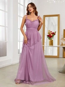 SHEIN Belle Ruffle Trim Mesh Formal Dress - Purple - View 3