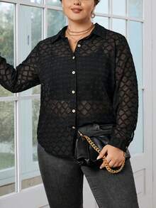 SHEIN Privé Plus Button Front Shirt Without Cami Top - Black - View 3