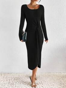 SHEIN Frenchy 前扭結條紋針織緊身洋裝 - 黑色 - 查看 3