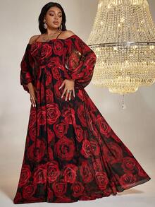 大碼印花一字肩高衩雪紡洋裝 - 紅色 - 查看 5