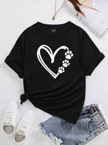 SHEIN LUNE Plus Heart Print Tee - Black - View 1