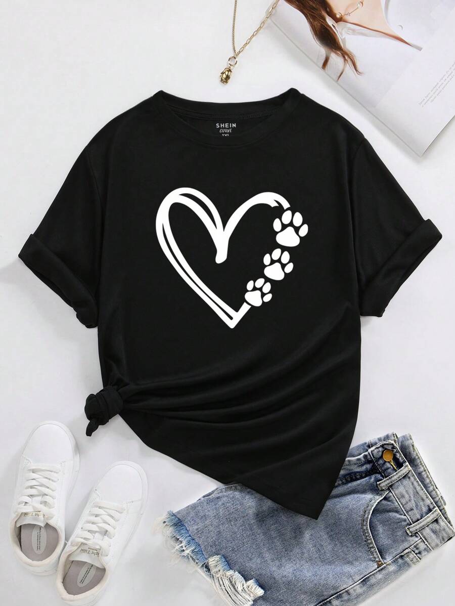 SHEIN LUNE Plus Heart Print Tee - Black - View 1
