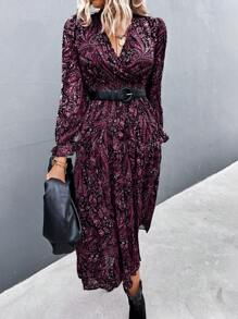 Aveloria Paisley Print Surplice Neck Pleated Hem Dress Without Belt - Hot Pink - View 5