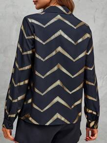 SHEIN LUNE 人字紋印花燈籠袖襯衫 - 黑色 - 查看 2