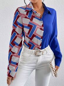 SHEIN LUNE Camisa con estampado geométrico de rayas - Burdeos - Ver 1