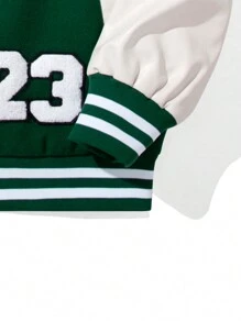 Men Slogan Graphic Striped Trim Colorblock Drop Shoulder Varsity Jacket - Green - View 3