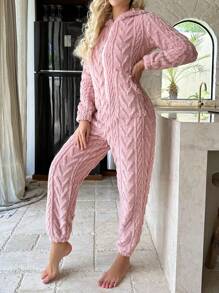 SHEIN X GiudiceGirls Giáng sinh Dây kéo áo có mũ Flannelette Áo liền quần giản dị - Hồng - Xem 5