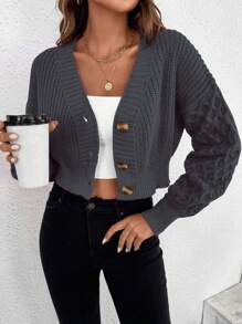 SHEIN Frenchy 麻花編織落肩袖前紐扣開襟衫 - 深灰色 - 查看 1