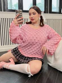 Flirla Plus Drop Shoulder Pointelle Knit Sweater Knit Pullover Fall Winter Sweater - Coral Pink - View 7