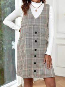 SHEIN 孕婦格子印花正面鈕扣連身裙（無T恤） - 彩色 - 查看 2