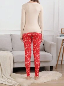 Christmas Solid Tee & Letter Graphic Leggings PJ Set / Pajama Set - Multicolor - View 2