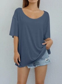 SHEIN Essnce Solid Asymmetrical Shoulder Oversized Tee - Navy Blue - View 3