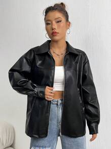 Flirla Drop Shoulder Zip Up PU Leather Coat