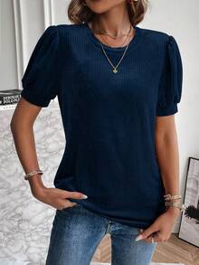 SHEIN LUNE 純色泡泡袖T恤 - 寶藍色 - 查看 5