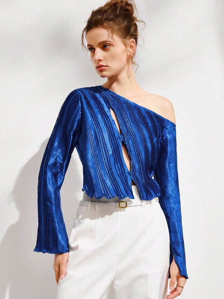 Asymmetrical Neck Split Sleeve Lettuce Trim Top Fall Cloth For Women