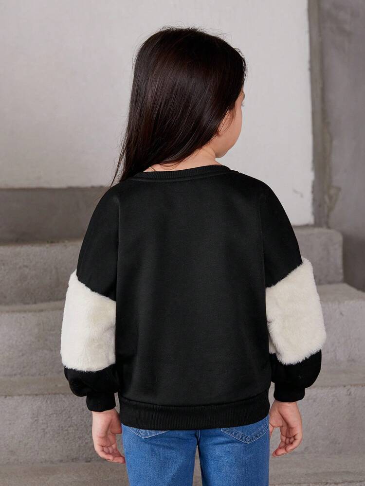 Young Girl Letter Graphic Contrast Teddy Lantern Sleeve Sweatshirt,In Fall/Winter