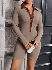 SHEIN Essnce 拼接邊前紐扣彈力緊身連體短褲 - 彩色 - 查看 5