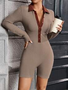 SHEIN Essnce 拼接邊前紐扣彈力緊身連體短褲 - 彩色 - 查看 4