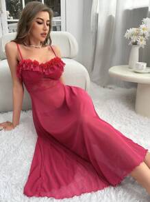 SHEIN Camisón largo con contraste de encaje, volantes y malla - Rosa Fucsia - Ver 6