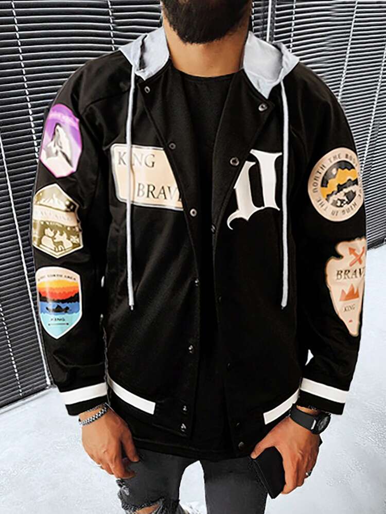 Men Letter Graphic Striped Trim Drawstring Hooded Jacket