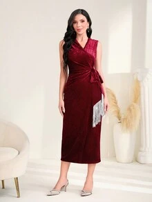 Modelyn Burgundy Red Fringe Trim Knot Side Velvet Dress - Burgundy - View 4
