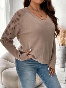 Flirla Plus Raglan Sleeve Pointelle Knit Sweater Knit Pullover Fall Winter Sweater - Apricot - View 6