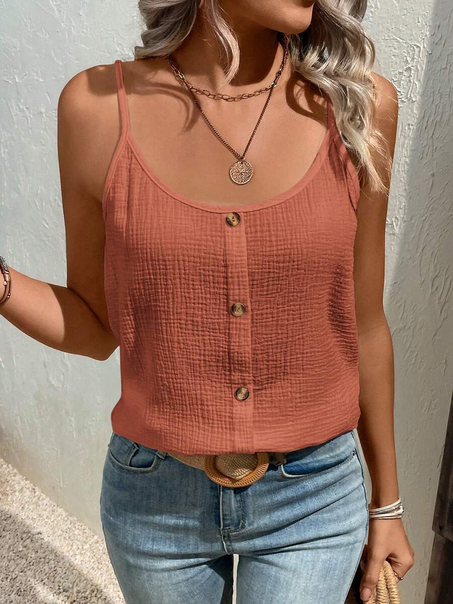 SHEIN LUNE 素色前紐扣吊帶上衣 - 藕粉色 - 查看 1