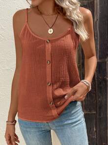 SHEIN LUNE 素色前紐扣吊帶上衣 - 藕粉色 - 查看 5